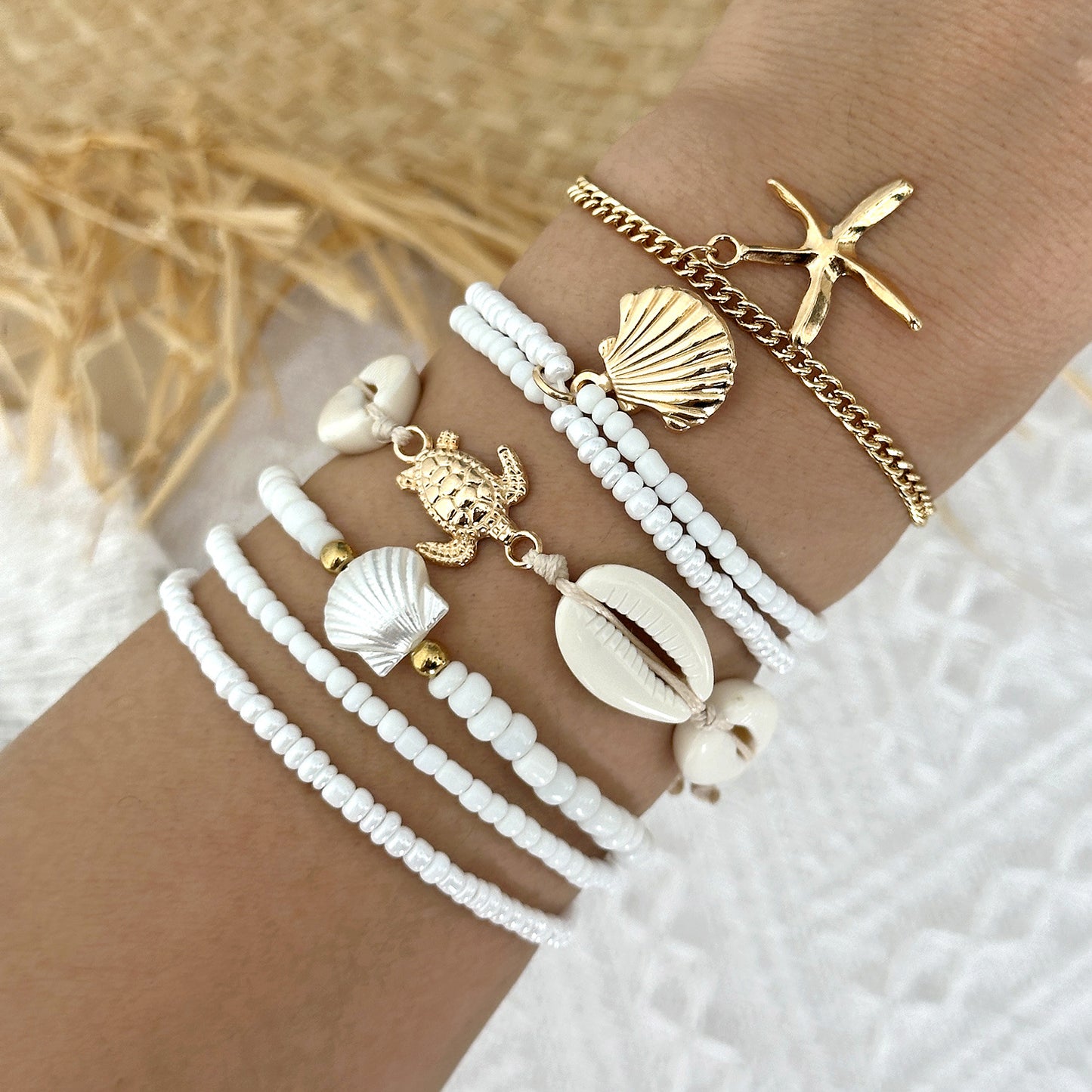 Style Starfish Shell Pearl Vacation Turtle Fishtail Beaded Bracelet