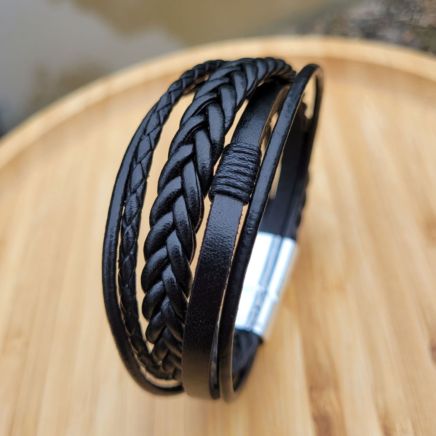 Men's Trendy Cowhide String Woven Leather Alloy Magnetic Bracelet