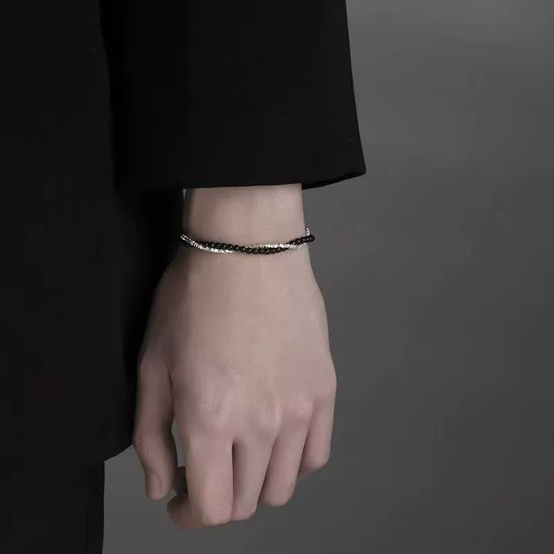 Men's Sier Winding Fashionable Personalized Cold Style Wind Black Beaded Bracelets