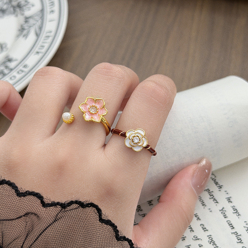 Women's Sweet Retro Affordable Luxury Colorful Enamel Flower Pearl Diamond Asterism Rings