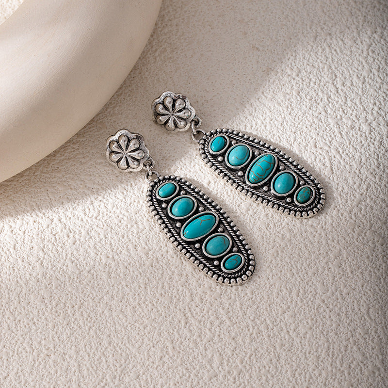 Vintage Ethnic Style Turquoise Flower Alloy Earrings