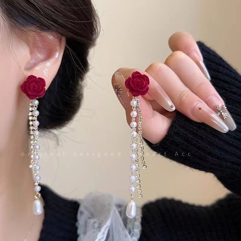 Camellia Tassel Red Veet Long Rose High-grade Rings