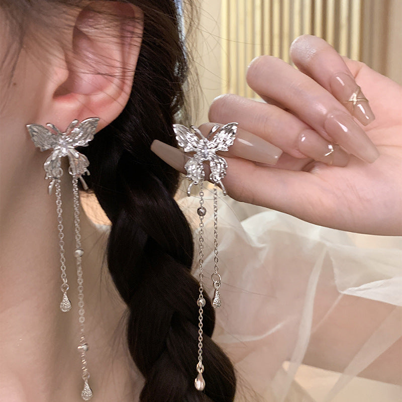 Sier Liquid Butterfly Tassel Female Design High-grade Elf Rings