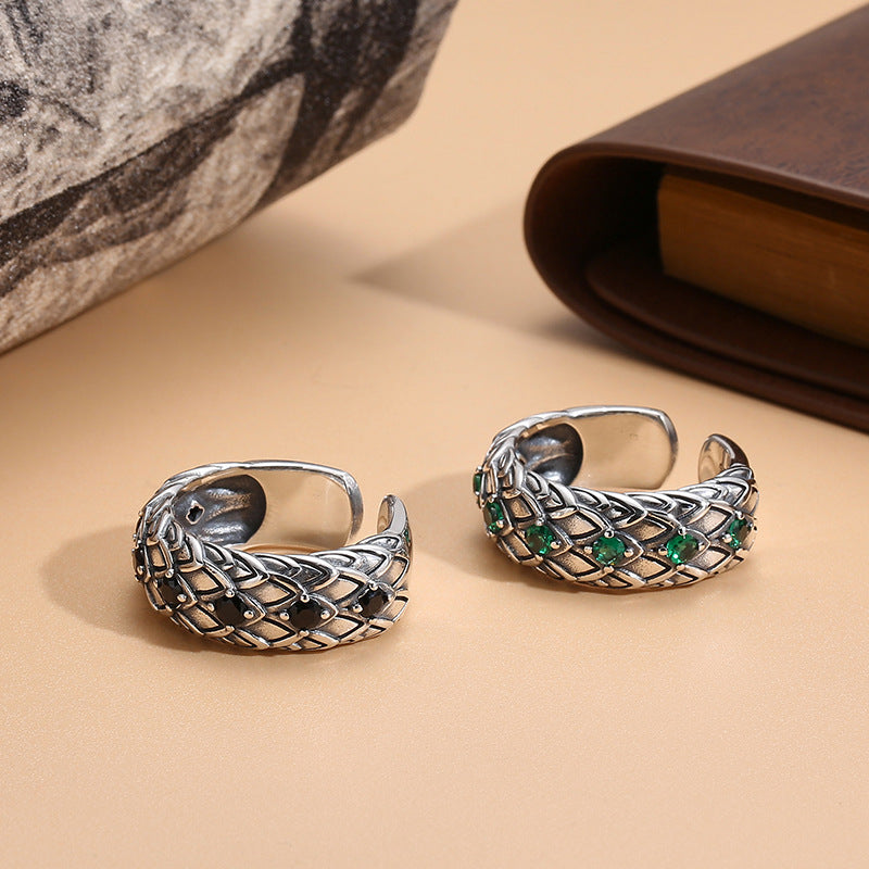 Inlaid Retro Opening Distressed Thai Sier Rings