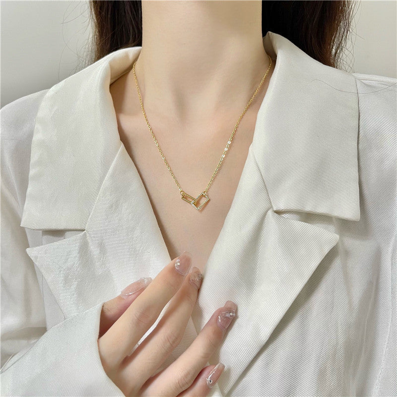 Women's Double Square Niche Geometric Rectangular Jeweled Simple Elegant Stitching Necklaces