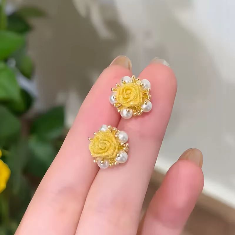 Gentle French Unique Quality Yellow Rose Earrings