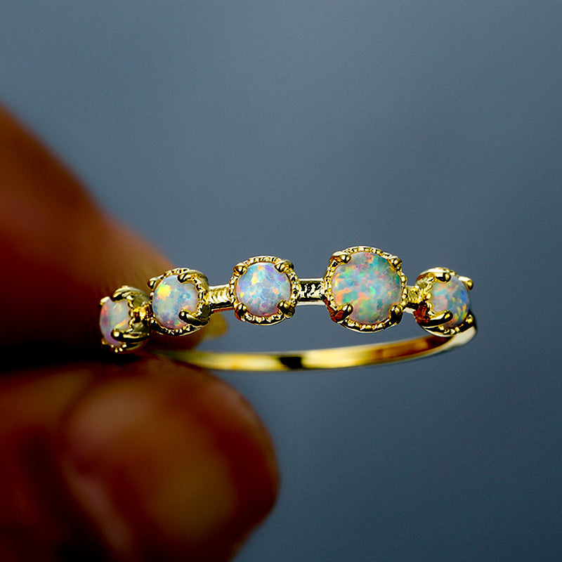Golden Five Round Opal Female Simple Ring