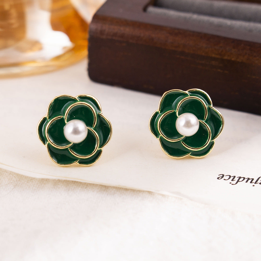 Women's Camellia Pearl Vintage Drop Oil Flower Elegant Graceful Stud Earrings