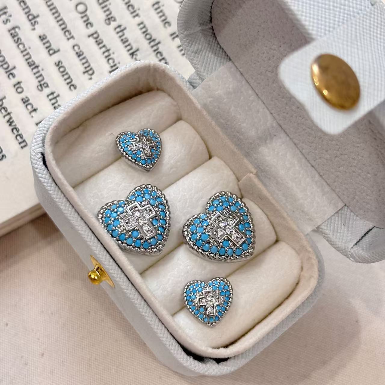 Blue Turquoise Cross Heart Trendy Light Luxury High-grade Earrings