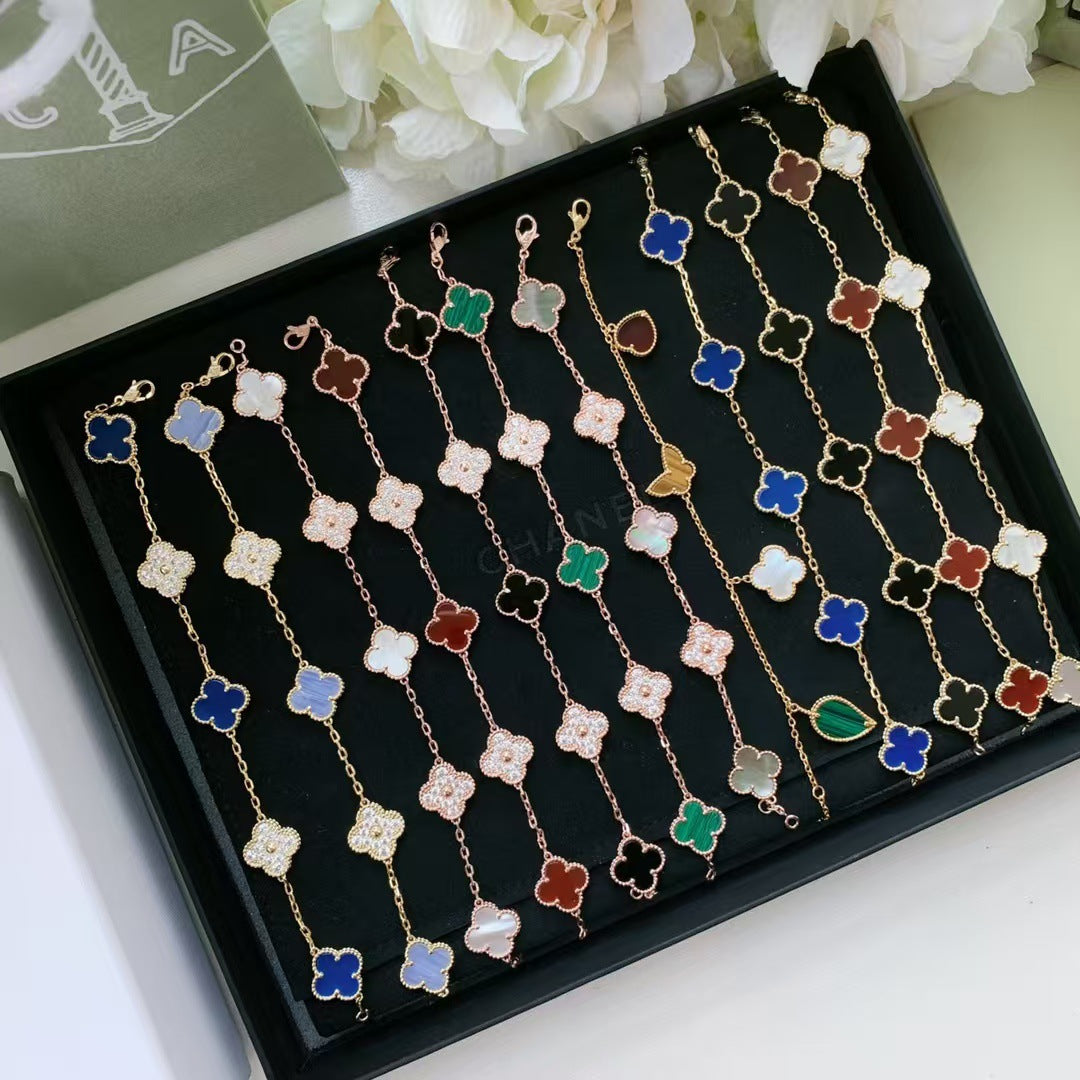 Women's Four-leaf Clover Rose Gold Red Agate Black White Shell Flower Bracelet