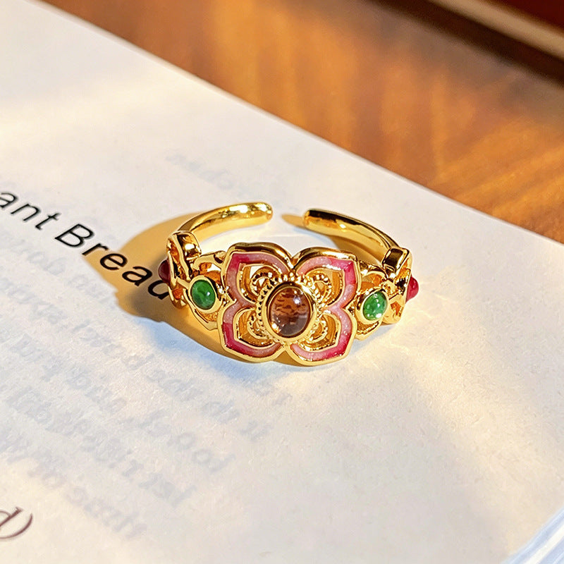 Chinese Style Sealing Enamel Drop Oil Gourd Flower Open National Ring