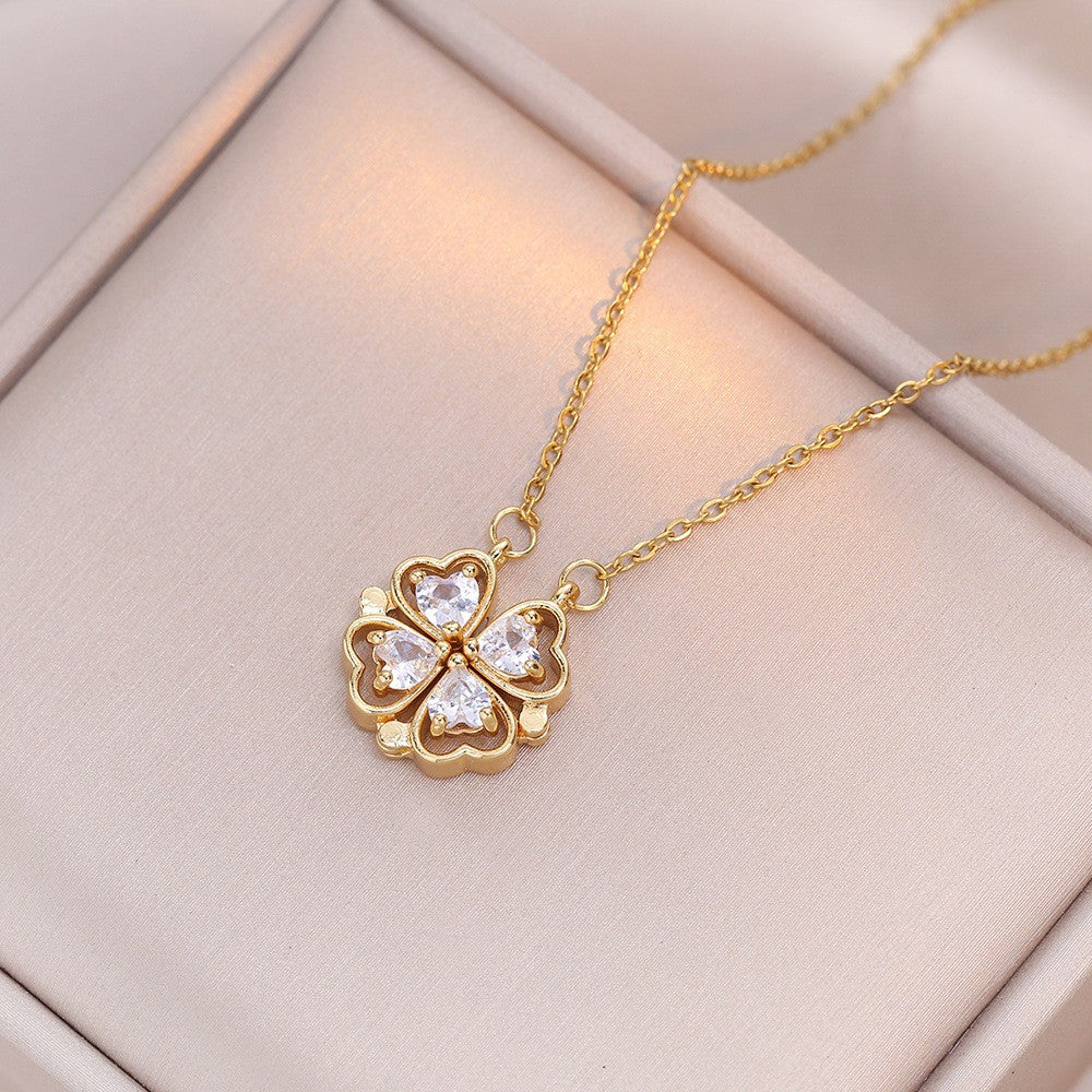 Women's Steel Cross Chain Open Close Four-leaf Flower Necklace