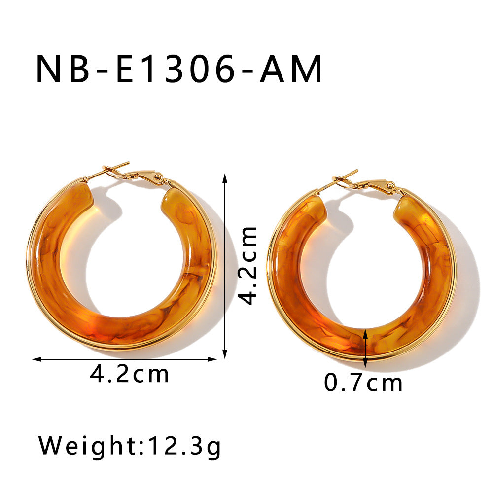 Women's Steel Gold Plated Openwork Circle Resin High Earrings