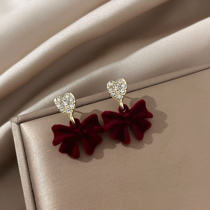 Women's Wine Red Flocking Bow French Retro Earrings