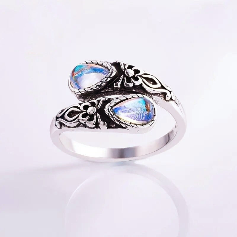 Moonstone Pear Victoria Vintage Embossed Bow Rings