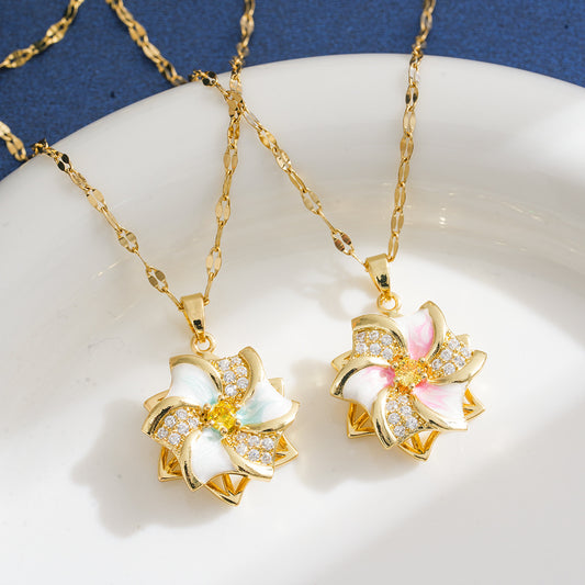 Women's Steel White Zircon Windmill Good Luck Comes Fashion Clavicle Necklace