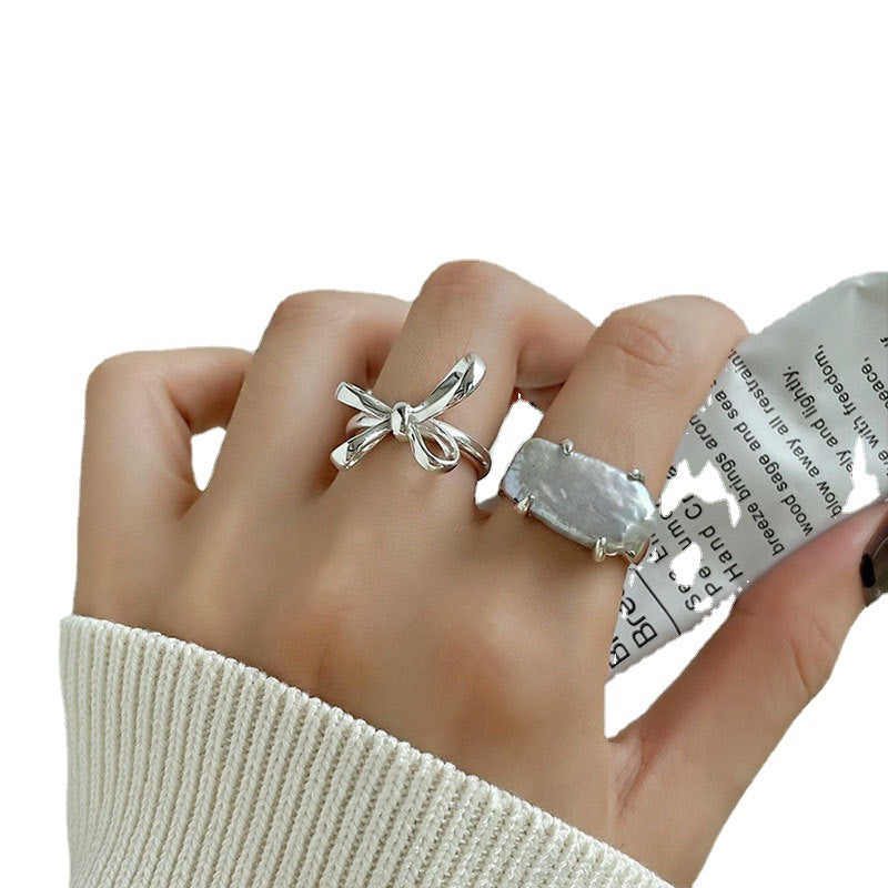 Women's Sier Simple Lines Bow Retro Fashion Rings