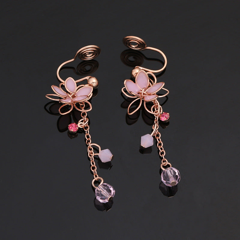 Coil Antique Pink Five Petal Flower Tassel Ear Clips Rings