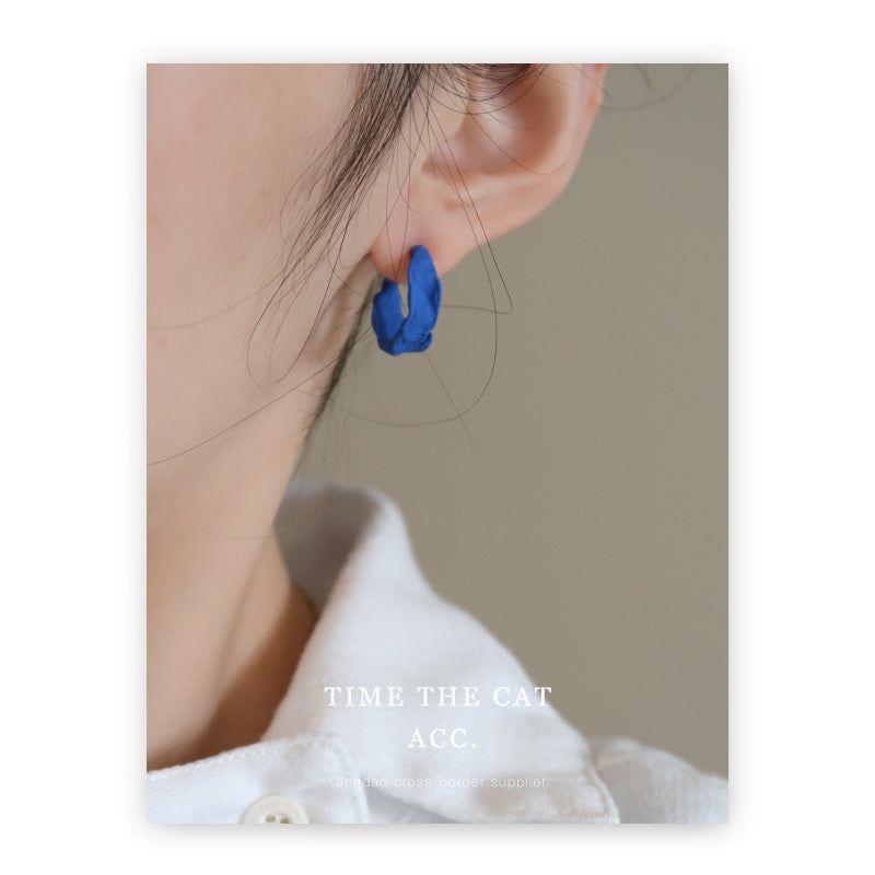 Klein Blue Series Sier Pin Personalized Pleated Geometric Word Stud Earrings