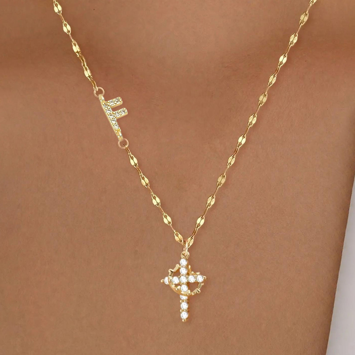 Full Diamond Rotatable Crown Cross With Letters Gold-plated Necklace