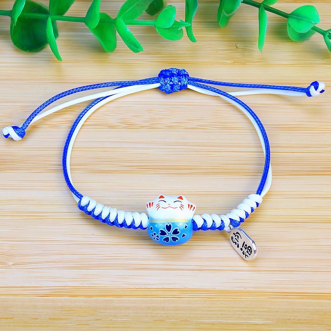 Ethnic Style Hand-woven Lucky Fortune Ceramic Cat Wax Line Double Bracelet