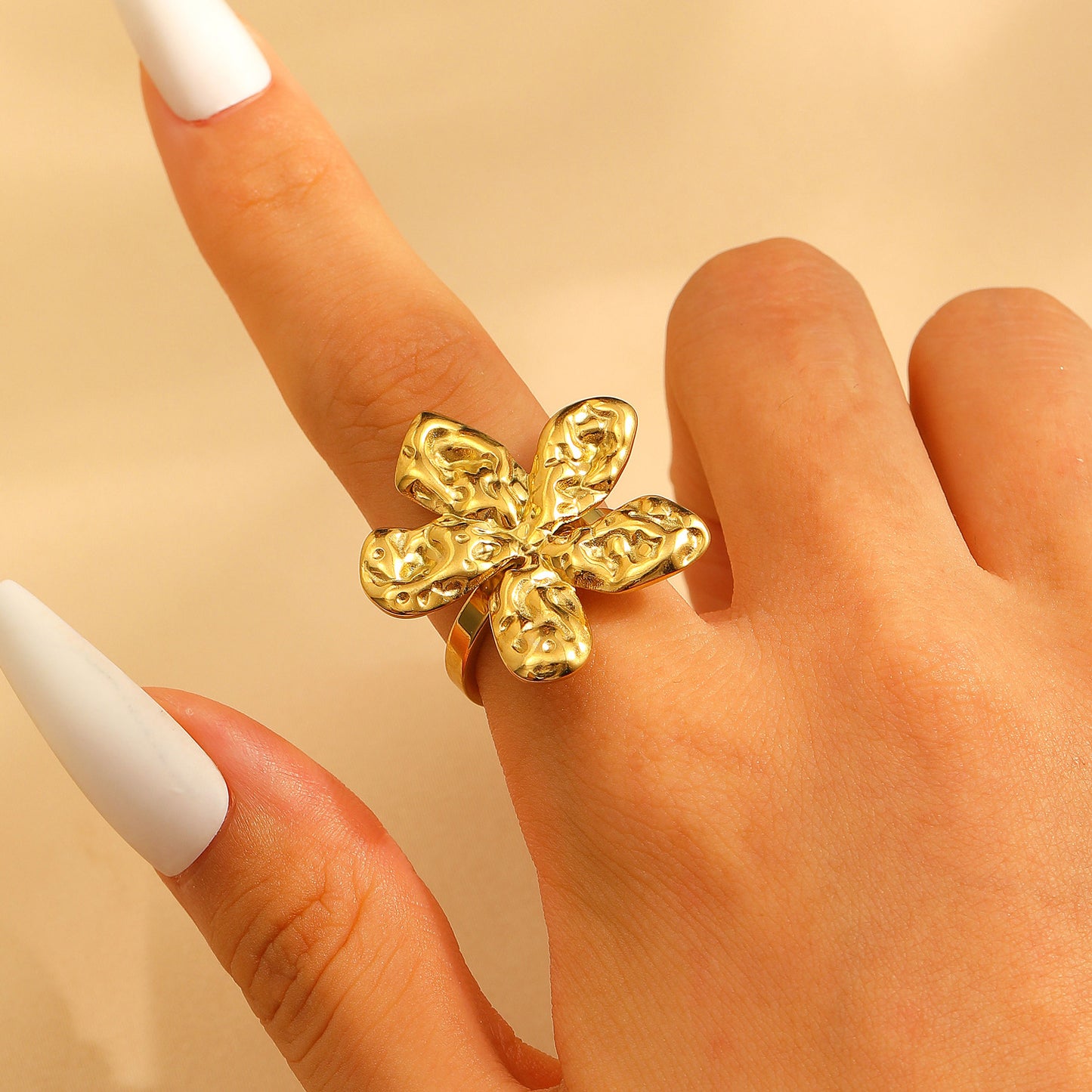 Steel Flower Leaf Female Exaggerated Personalized Hollow Ring