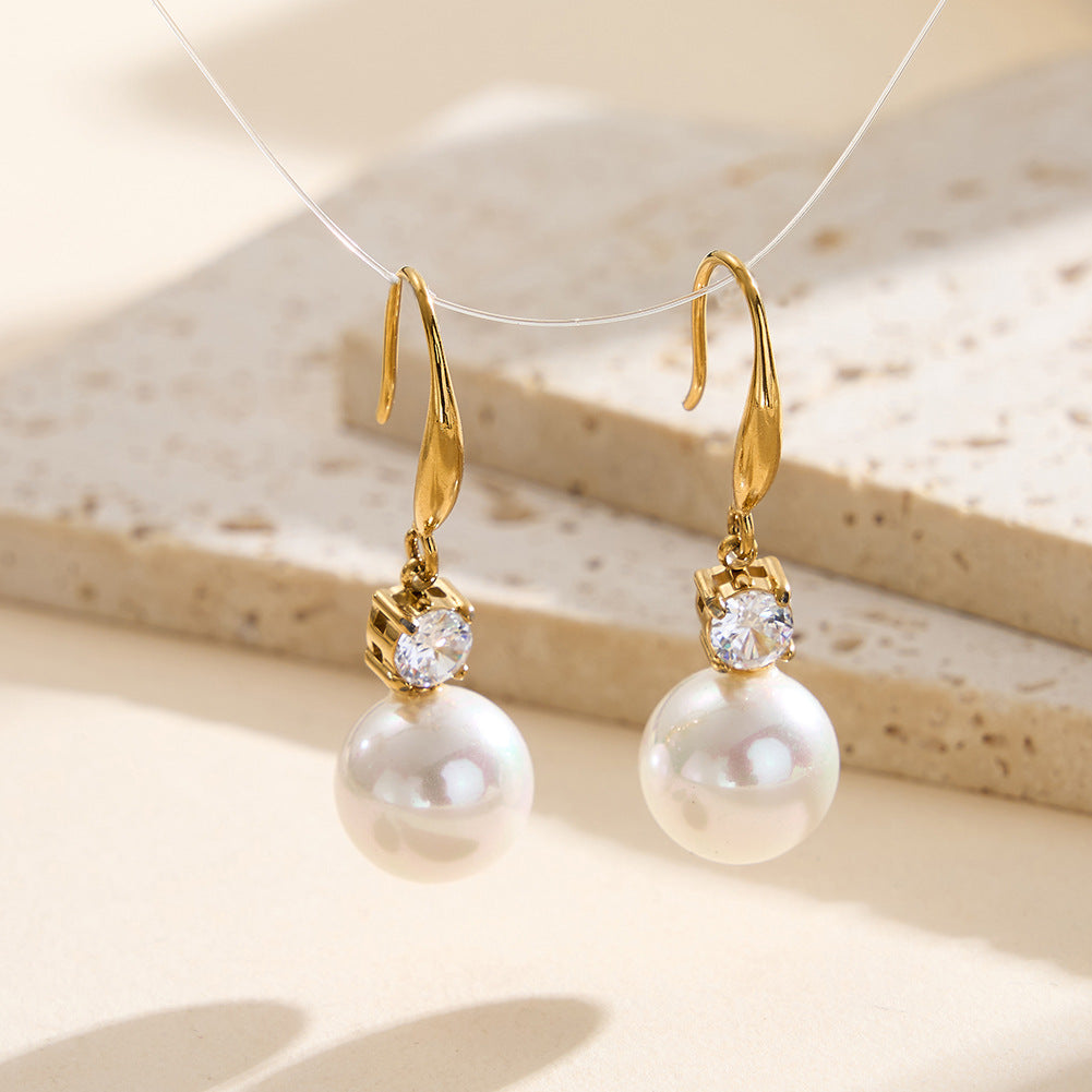 Large Pearl Long Elegant Fashionable Light Luxury Diamond Stainless Earrings