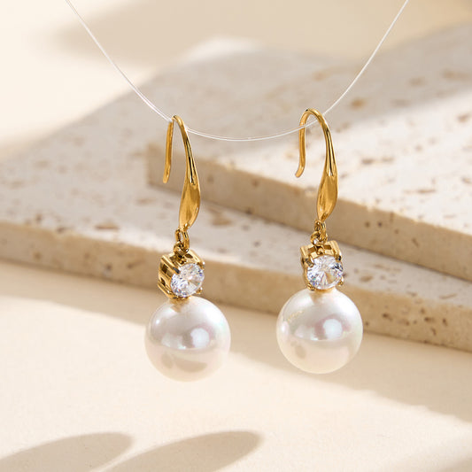Large Pearl Long Elegant Fashionable Light Luxury Diamond Stainless Earrings