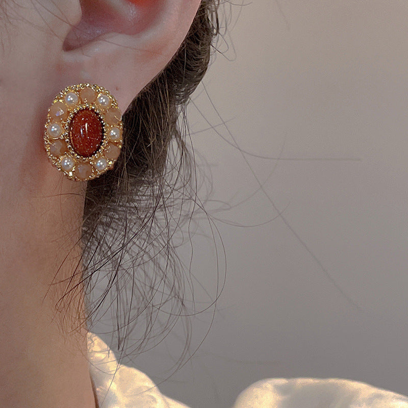 Sier Needle Wine Red Pearl Ear Tide Exquisite Super Fairy Stud Earrings