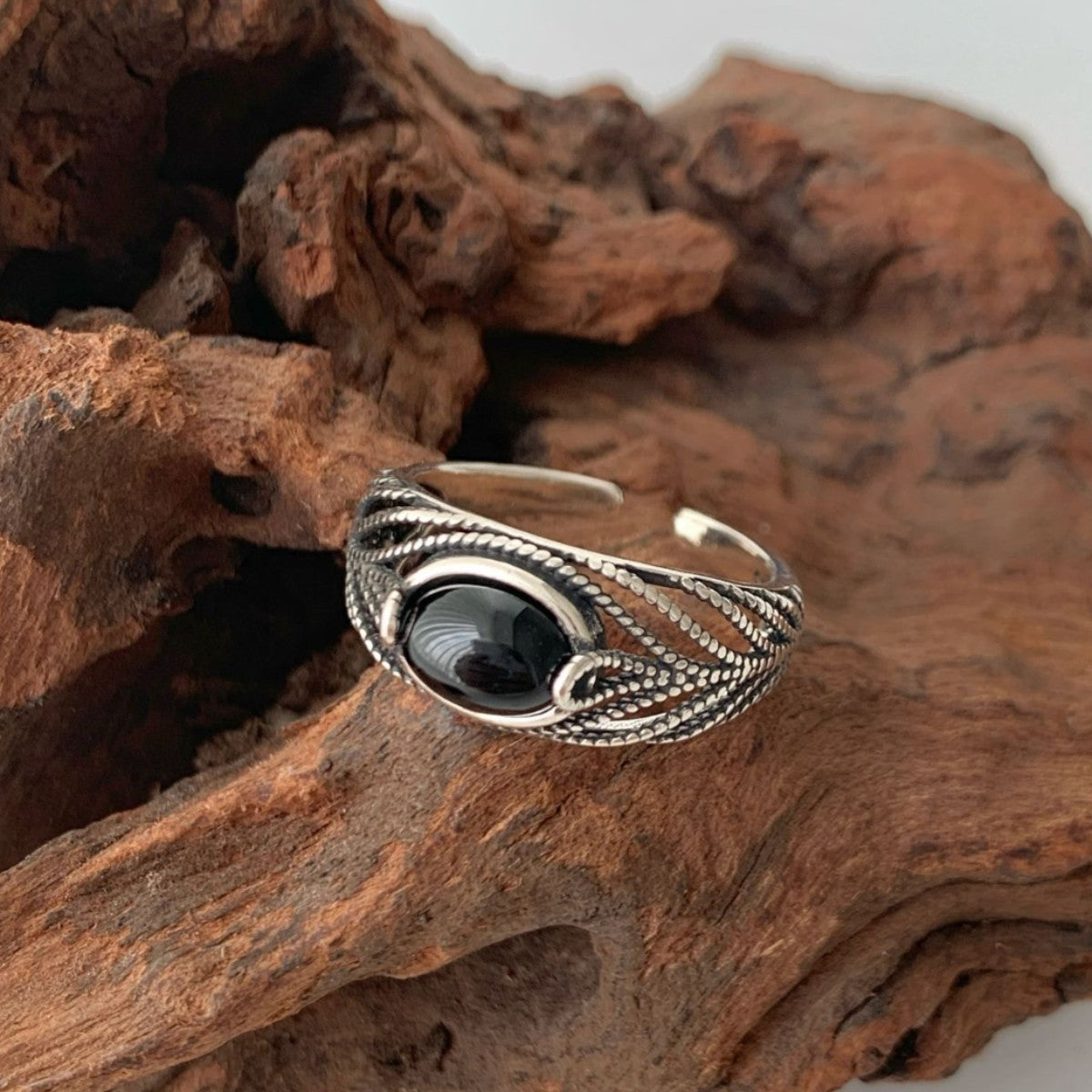 Fashion High Sense Lace Natural Stone Black Agate Female Rings