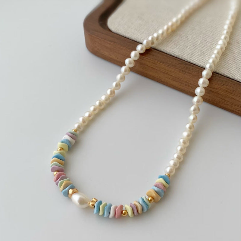 Women's Rainbow Stone Dopamine Pearl Light Luxury Minority Clavicle Chain Necklace