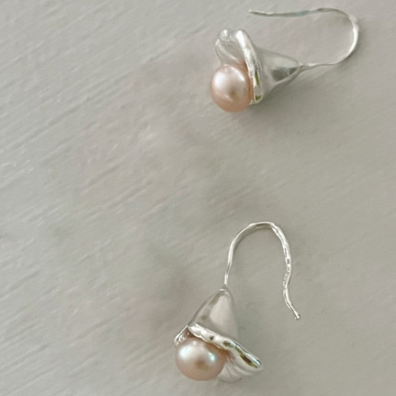 Flour Light Milky White Pearl Female Sterling Earrings