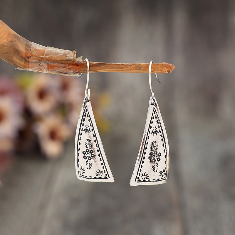 Women's Bohemian Retro Triangle Sier Ethnic Style Carved Niche Design Earrings