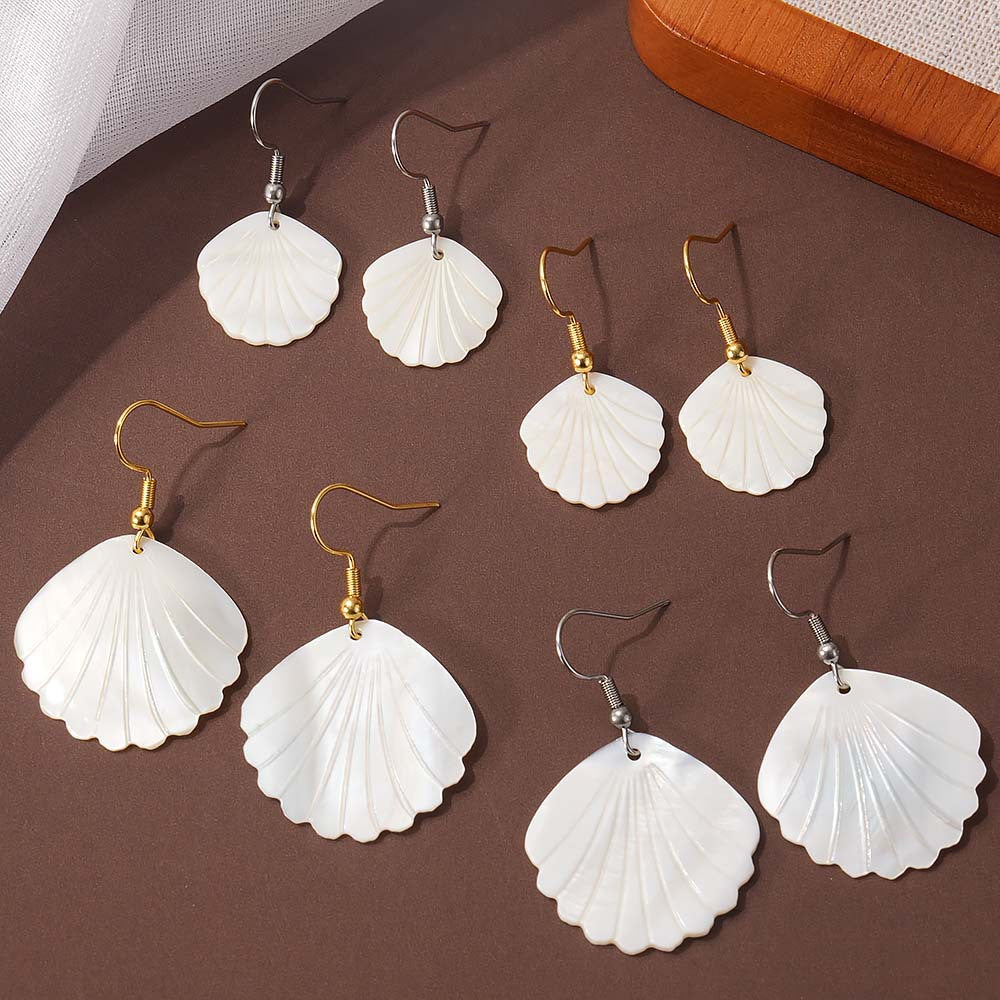Summer Seaside White Shell Scallop Simple Hollow Monstera Earrings