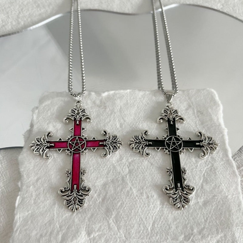 Grid Retro Dark Gothic Black Red Cross Necklace