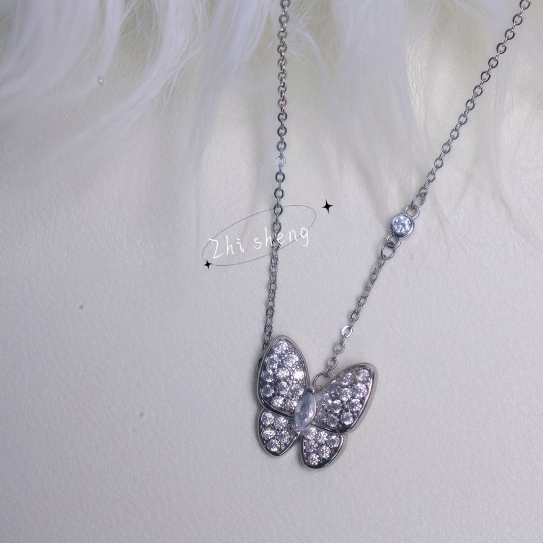 White Mother Shell Full Diamond Butterfly Light Luxury Sense Necklace
