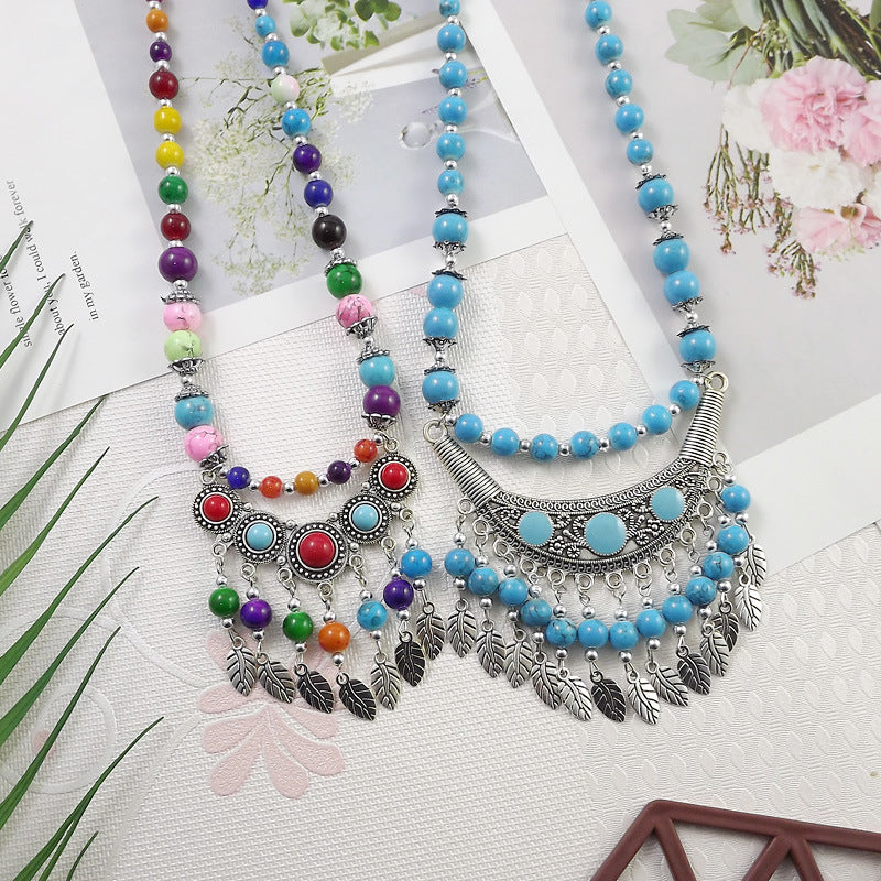 Retro Ethnic Style Crescent Leaf Tassel Forehead Exotic Necklace