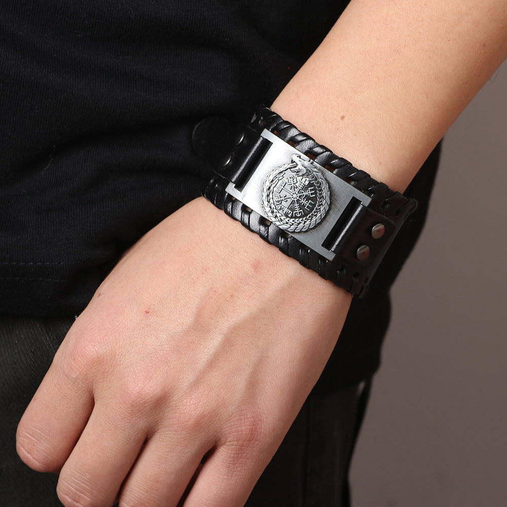 Leather Chinese Dragon Vintage Compass Pirate Bracelet