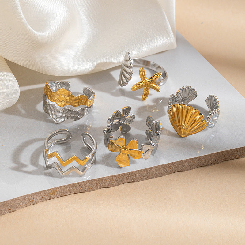 Personalized Two-color Stainless Steel Stacked Leaves Geometric Rings
