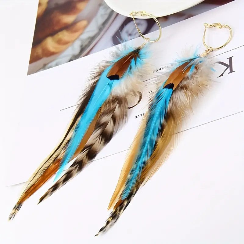 Bohemian Feather Elegance Retro Long Exaggerated Personalized Tassel Earrings