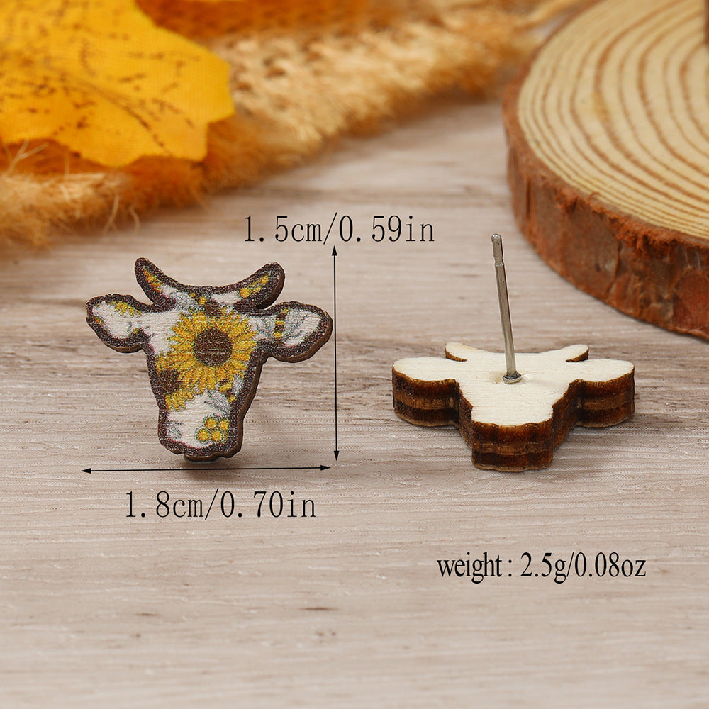 Head Wooden Simple Fashion Personality Cows Pattern Hat Leopard Earrings