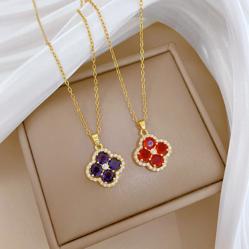 Steel Luxury Full Diamond Flower Micro Rhinestone Female Lucky Beads Necklace