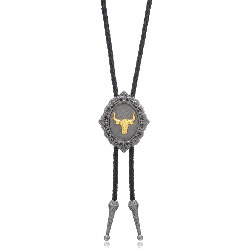 Men's Tie Leather String Horse Head Cow Alloy Long Sweater Chain Pendants