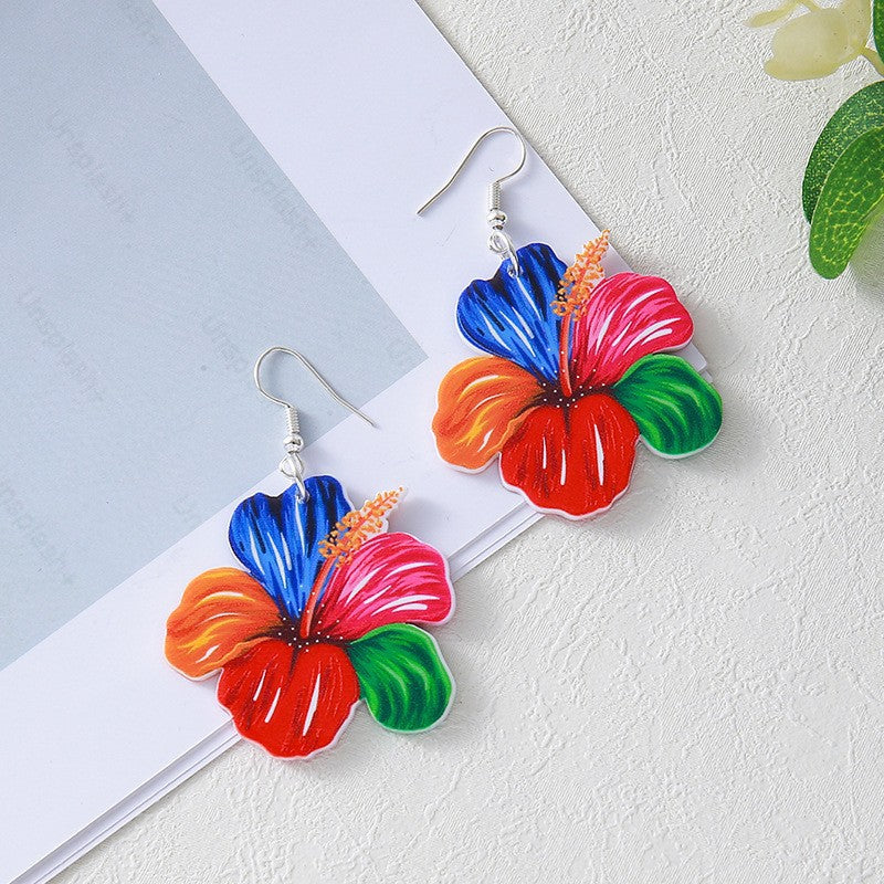 Colorful Flower Acrylic Duplex Printing Three-dimensional Earrings