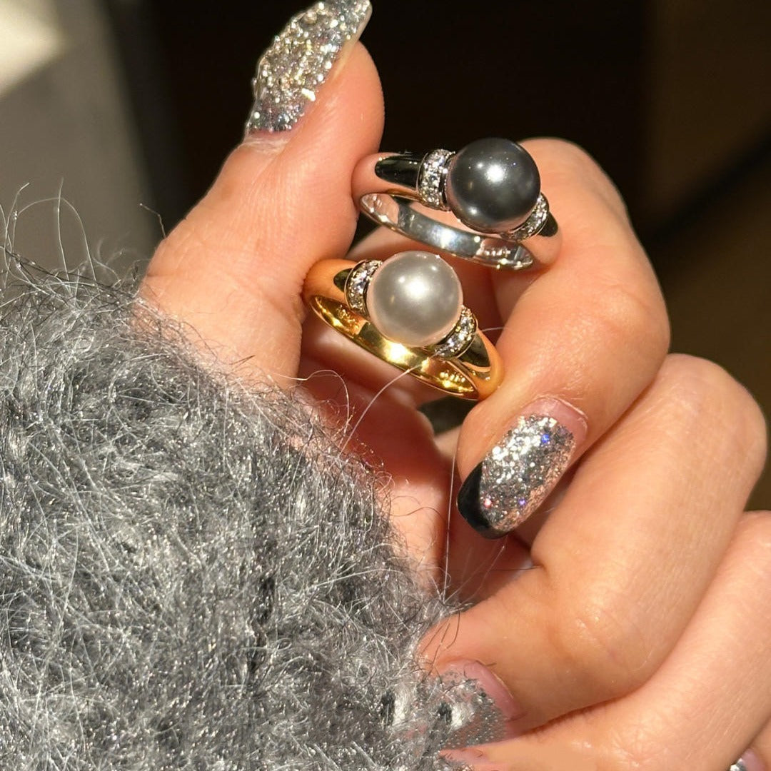 Women's Retro Chinese Style Gold-plated Gray White Pearl High-grade Niche Rings