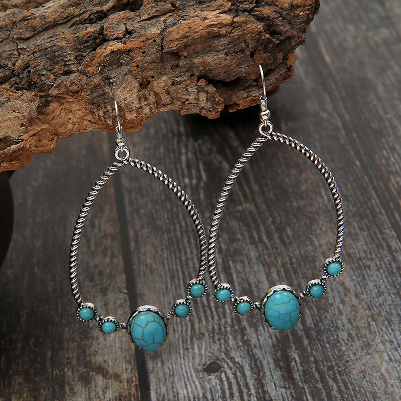 Retro Exaggerated Water Drop Turquoise Inlaid Earrings