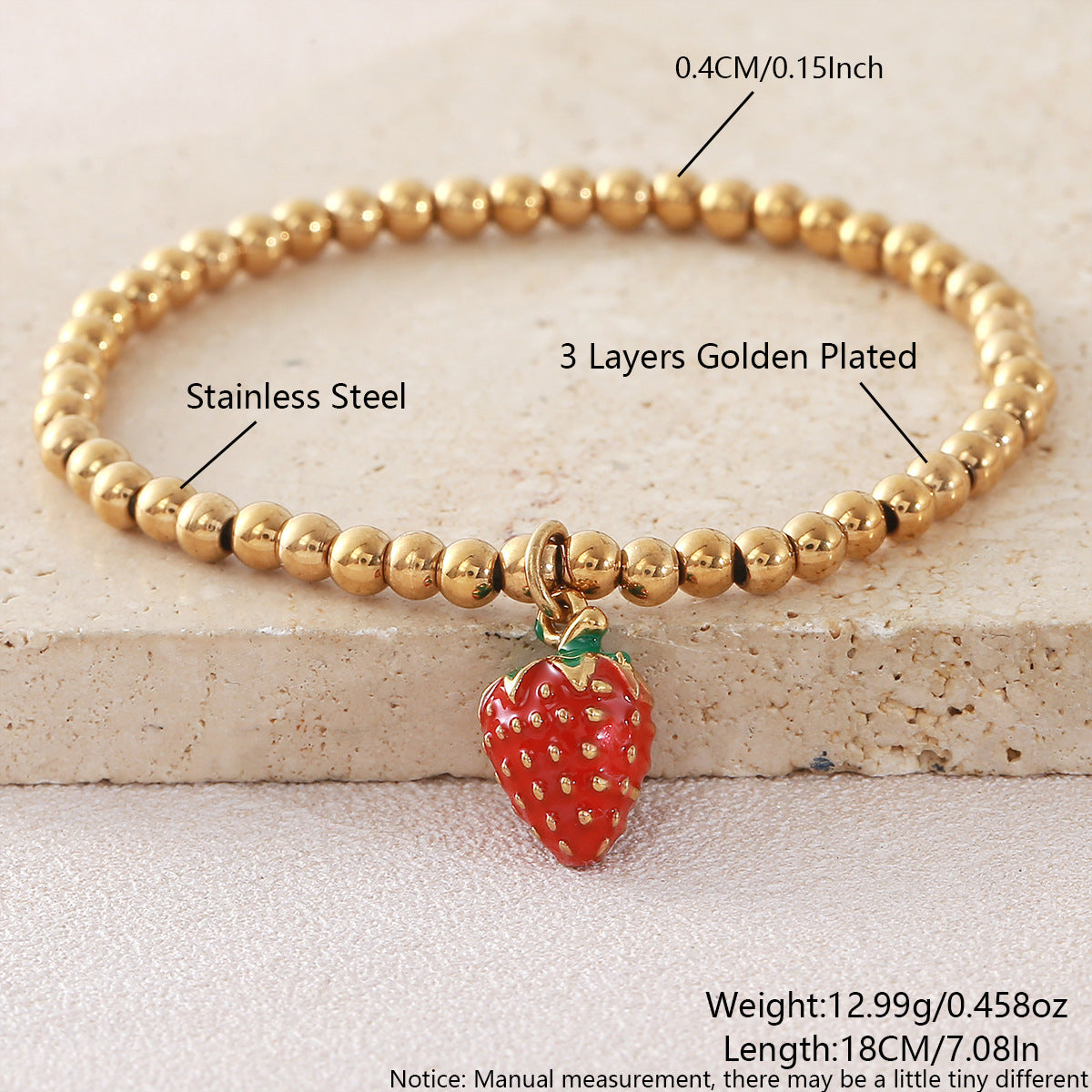 Stainless Steel Gold-plated Fruit Series Red Strawberry Beaded Fashion Bracelet