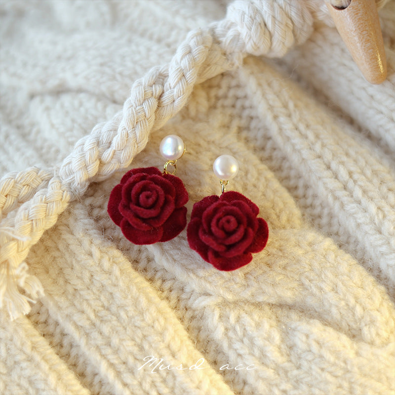 Women's Retro Style Veet Red Rose Ear Stud Earrings