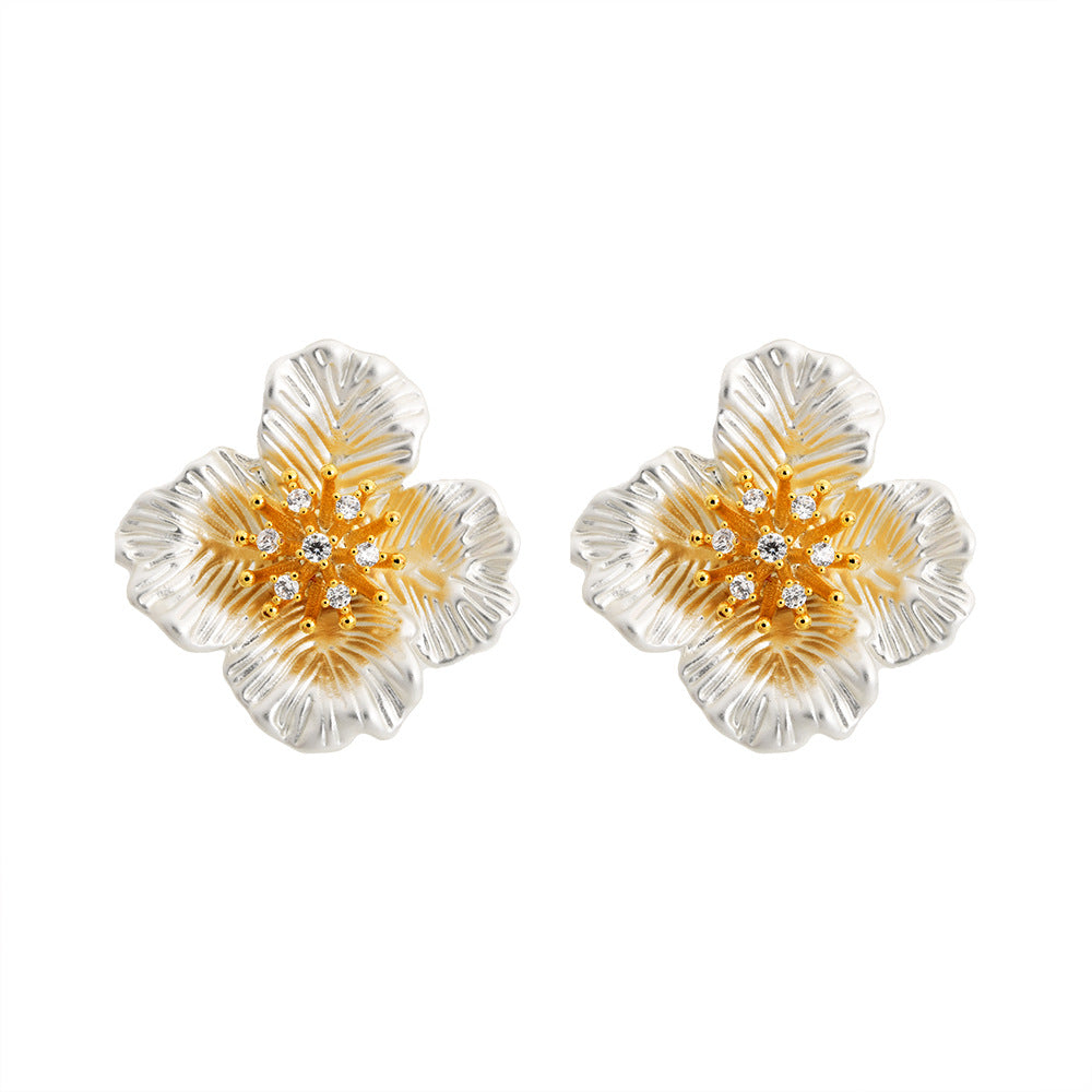 Sier Contrast Color Flower Artistic Style High Stud Earrings
