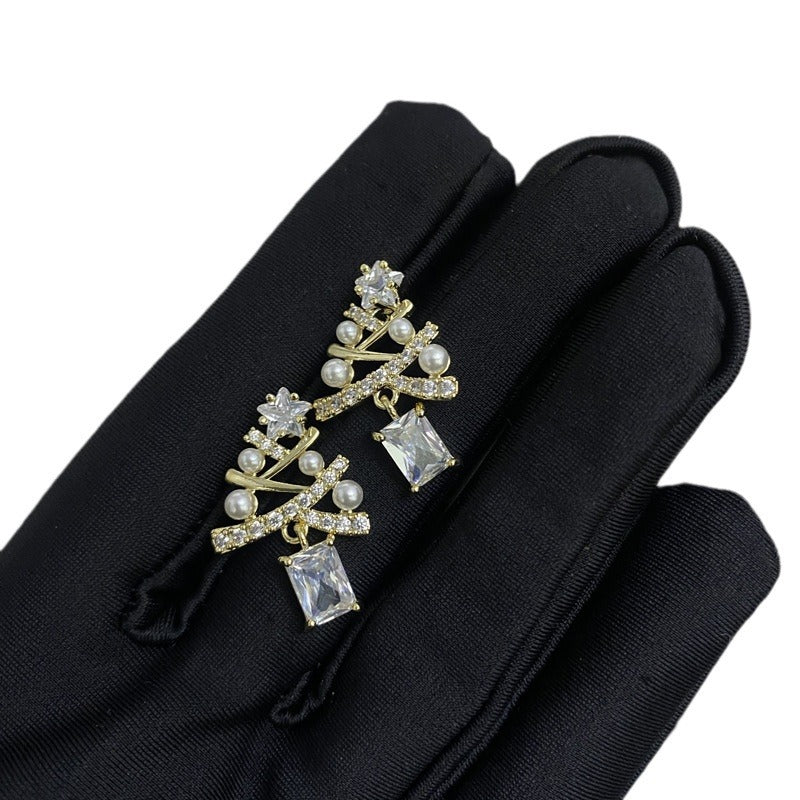 Christmas Light Luxury Pentagram Unique Cross Geometric Square Zircon Tree Stud Earrings